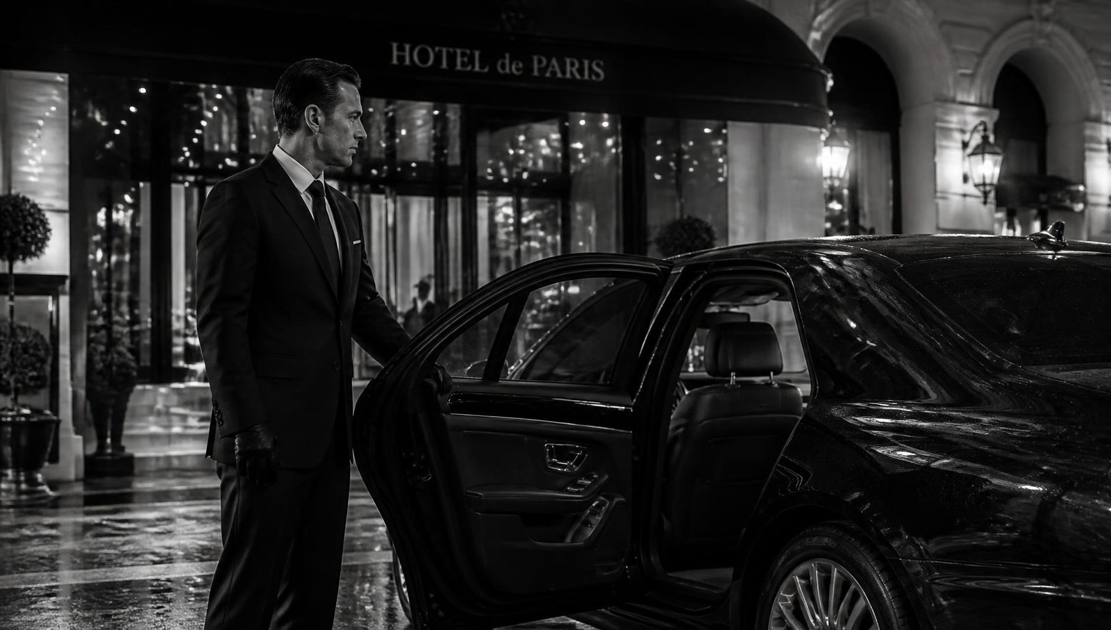 Chauffeur holding open the door of a black sedan outside a hotel